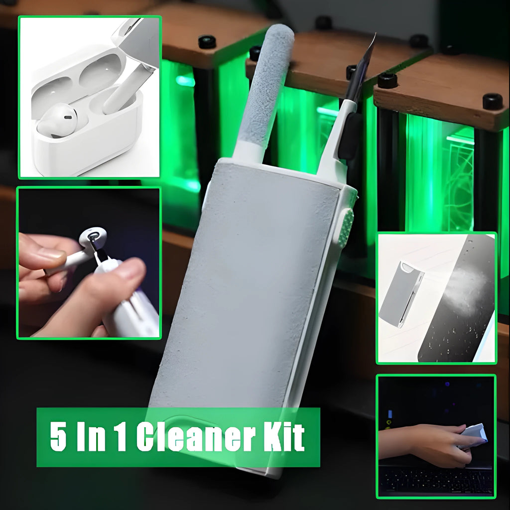5-in-1 digital cleaning kit with black body, showing flocking sponge, brush, and metal tip for phones and earphones.