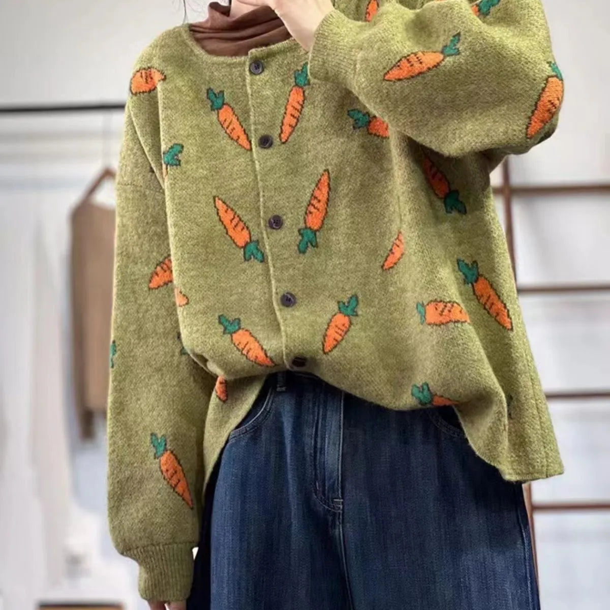 Mori artistic printing cardigan sweater with colour contrast design, loose casual street fashion style