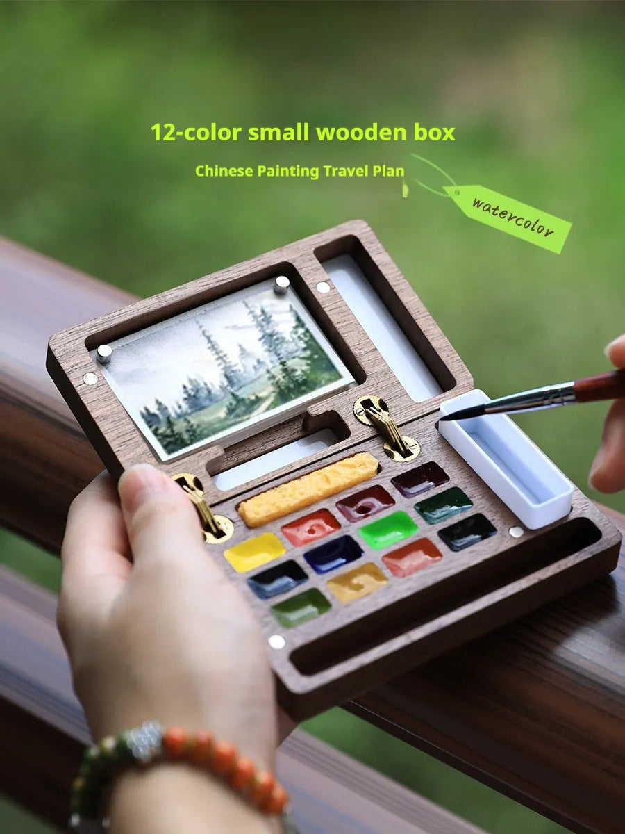 Mini walnut wood watercolour paint box for pigment suit storage