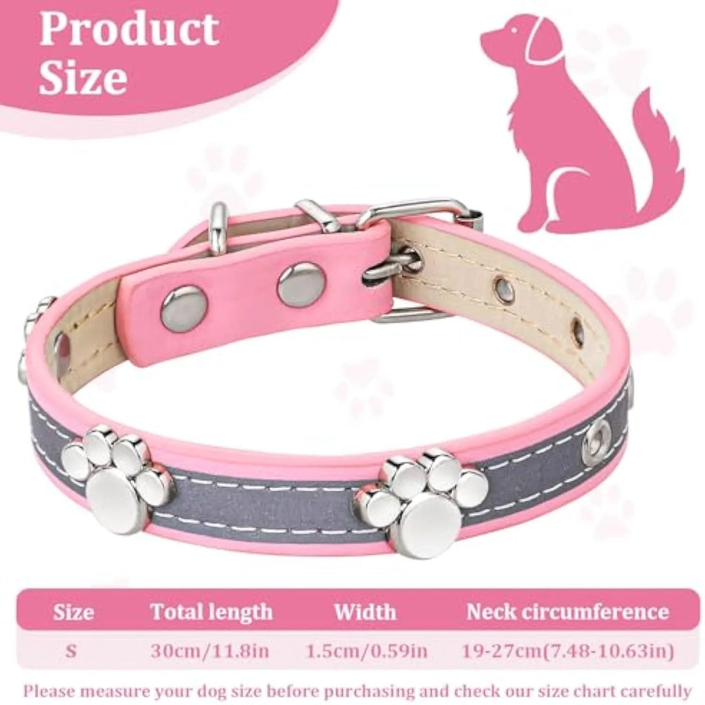 Reflective leather dog collar with metal paw rivet and buckle on a grey background