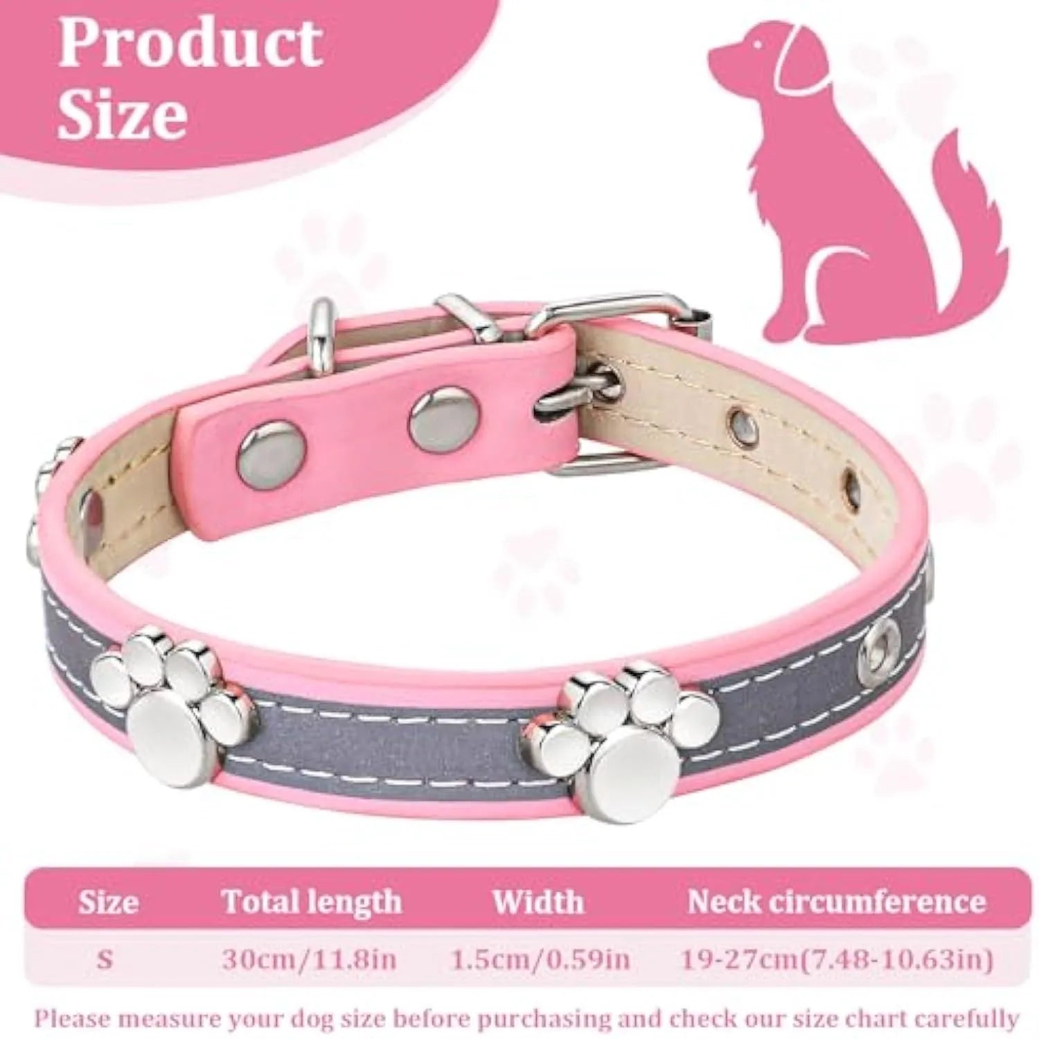 Reflective leather dog collar with metal paw rivet and buckle on a grey background