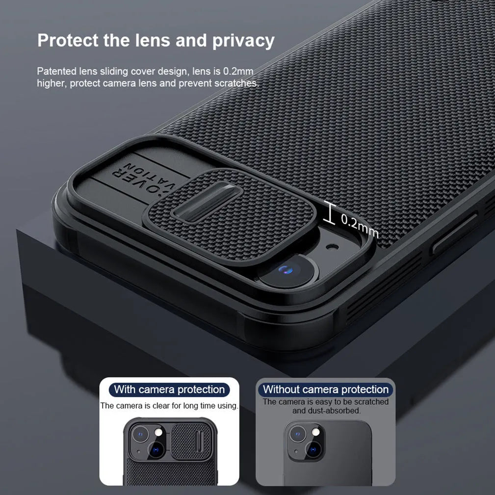 Black textured UniPro series sliding back cover case for Apple iPhone 13 Pro Max on a table.