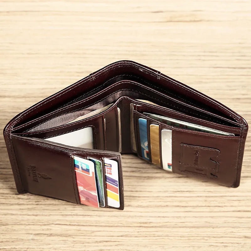 Men's brown leather bifold wallet open to show card slots, coin pocket, and banknote compartment.