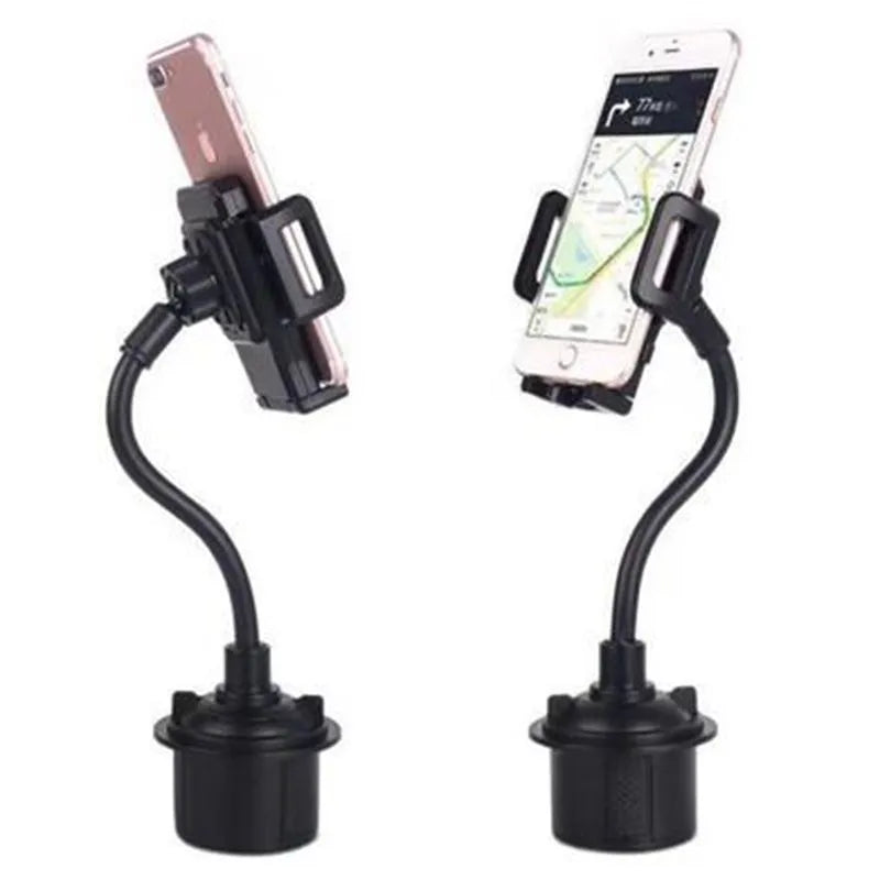 Black car-mount phone bracket with adjustable side handles showing 360-degree rotation and vent clip attachment