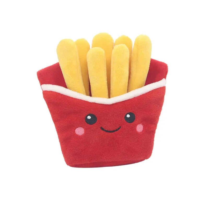 Set of three colourful fast food plush pet toys: red hamburger, yellow french fries, and pink milkshake cup on a white background.