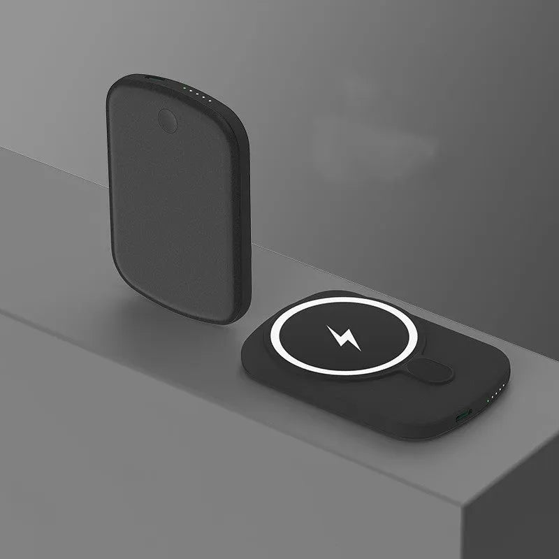Magsafe magnetic wireless power bank in Barbie Pink, showing slim design and dimensions.