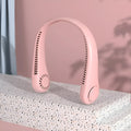 Pink USB rechargeable bladeless neck fan with flexible neckband.