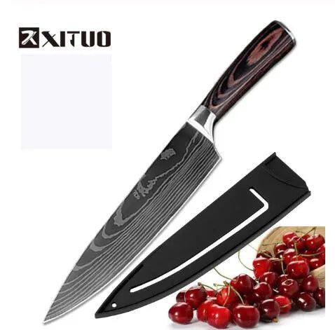 Professional 7Cr17 stainless steel kitchen knife with laser Damascus pattern and coloured wood handle