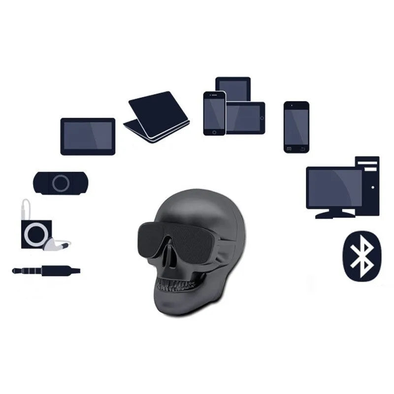 Skull-shaped wireless Bluetooth speaker showing front design with speaker grille