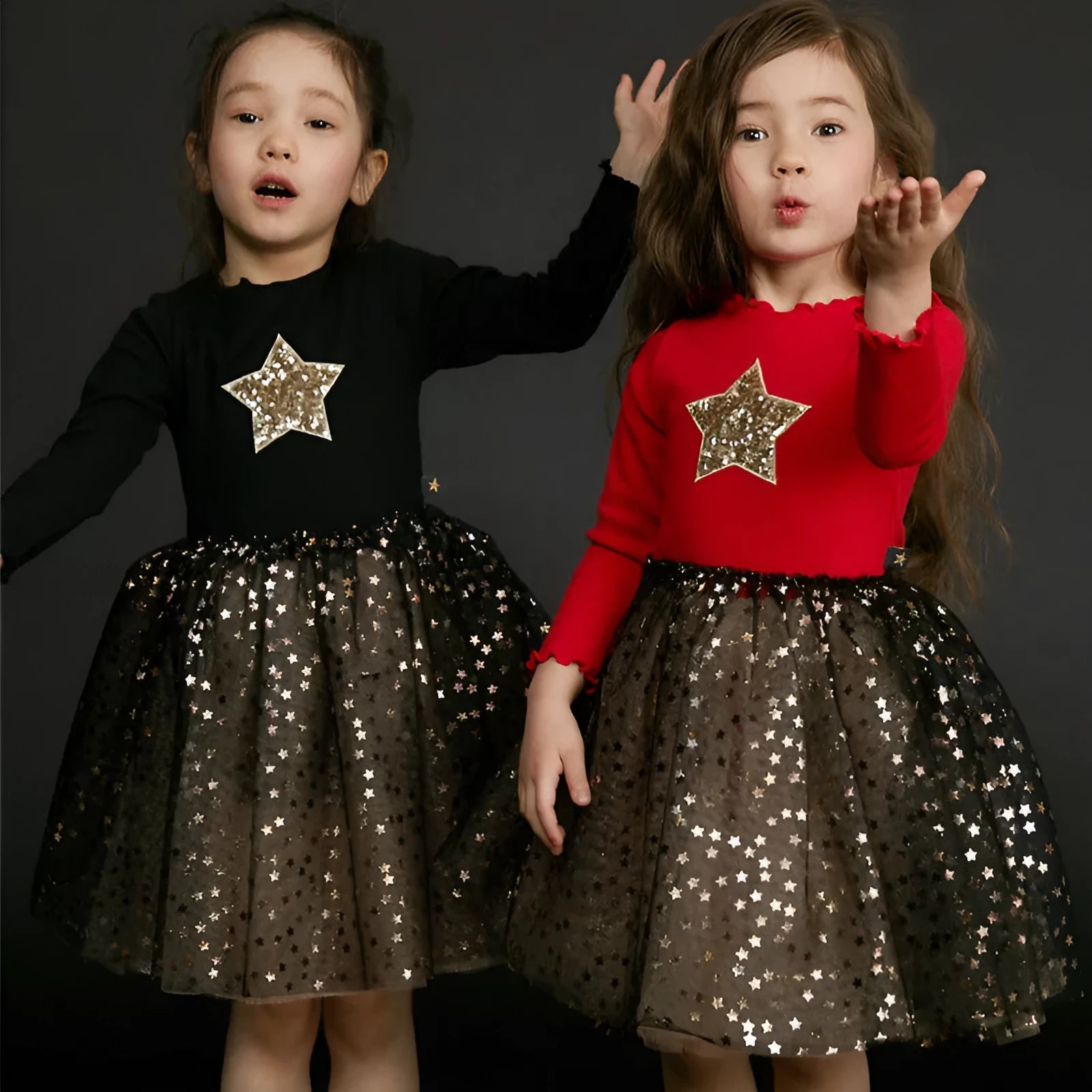 Children's red cotton Christmas princess dress with long sleeves, lace trim, and embroidered star details.