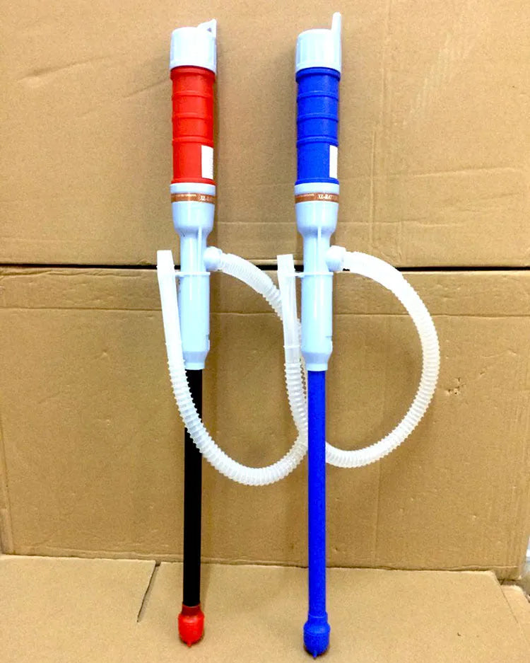 Blue manual hand siphon pump for transferring fuel and liquids.