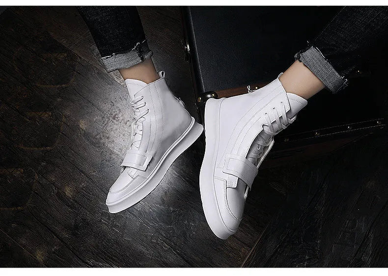 Black PU leather men's ankle boots in high-top sneakers style with microfiber upper construction