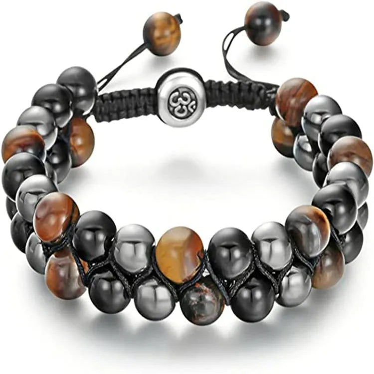 Men's Tiger Eye double-layer woven bracelet with bright magnets and geometric patterns