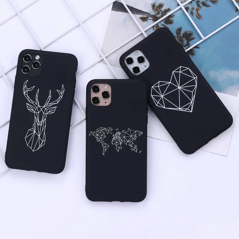 Animal line graffiti art TPU phone case for iPhone with painted cat, deer, horse designs