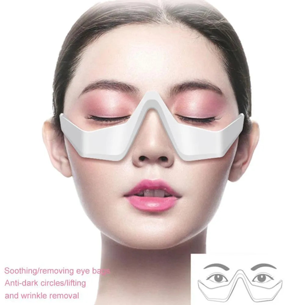 3D micro-current eye massager with glasses-like design showing pink and white colour options