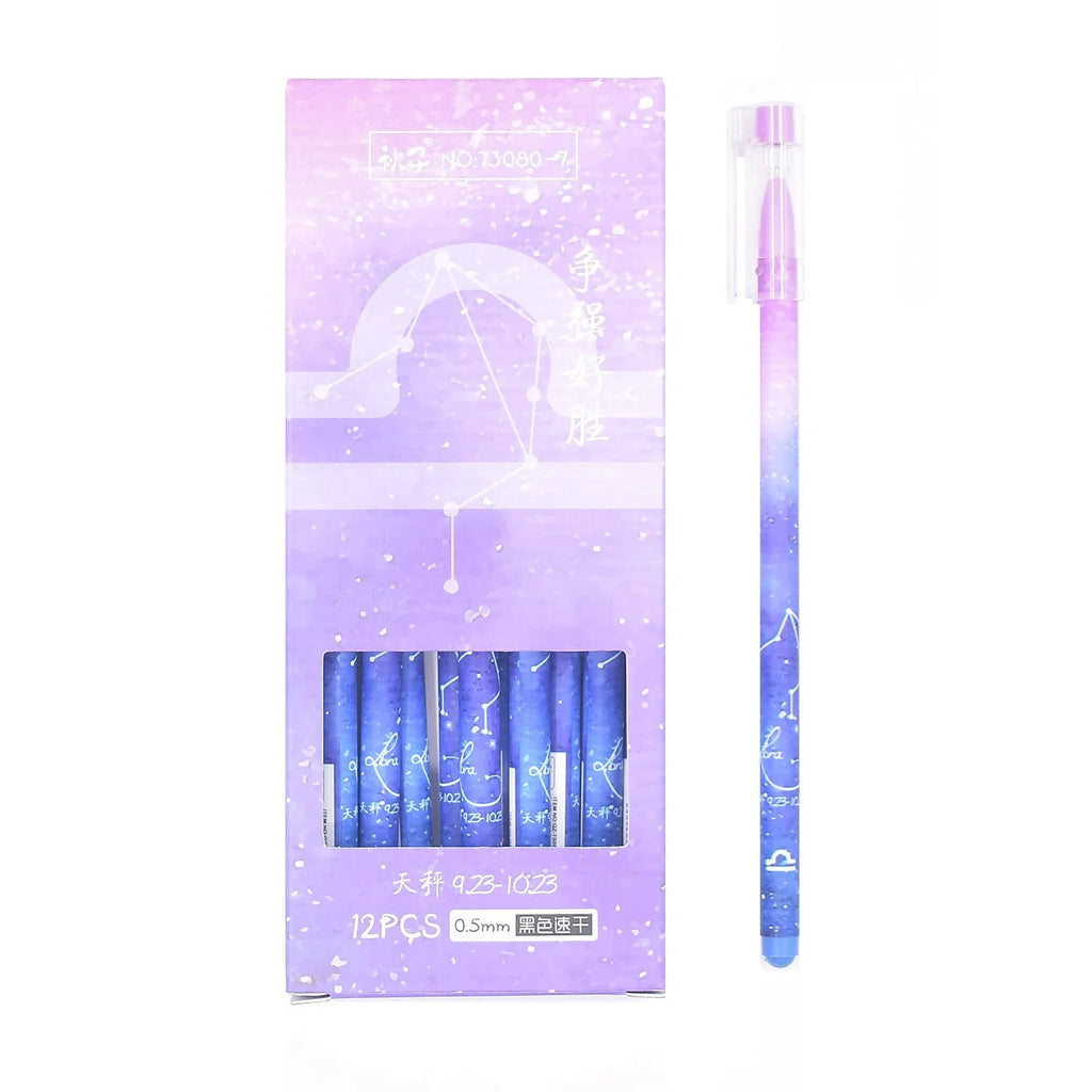 Box containing 12 constellation-themed quick-drying gel pens with plastic barrels