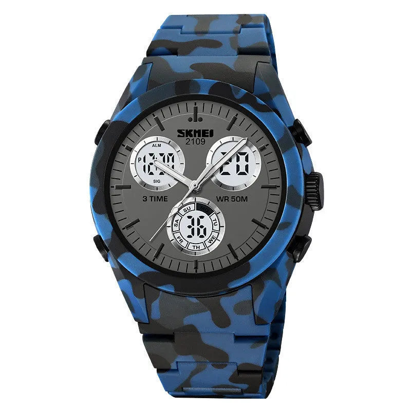 Casual digital watch with a camouflage strap and a digital display, showing 50m waterproof rating.