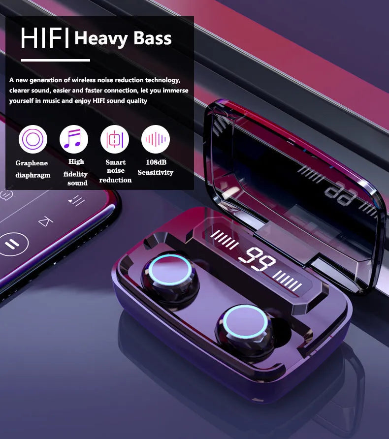 Black M11 style Bluetooth wireless headset with digital display and charging case