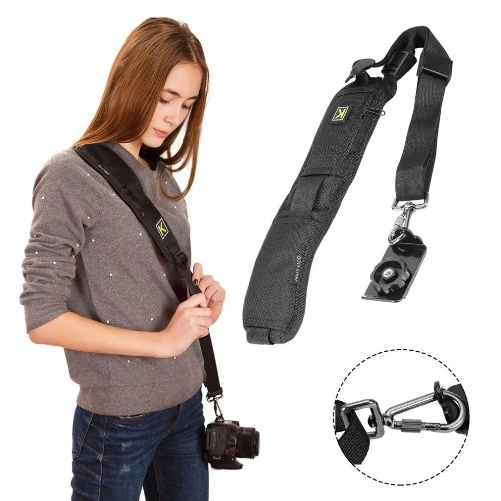 Black nylon single shoulder sling strap for DSLR camera with quick adjustment buckle and screw-in plate
