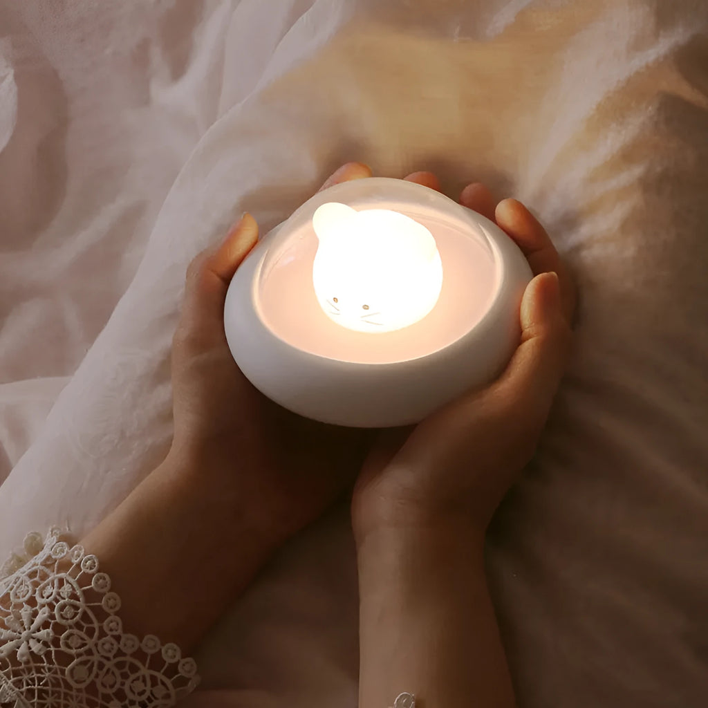 Blue USB LED night light with touch dimmable lampshade and 5W USB cord, compact size 12x12x6.5cm