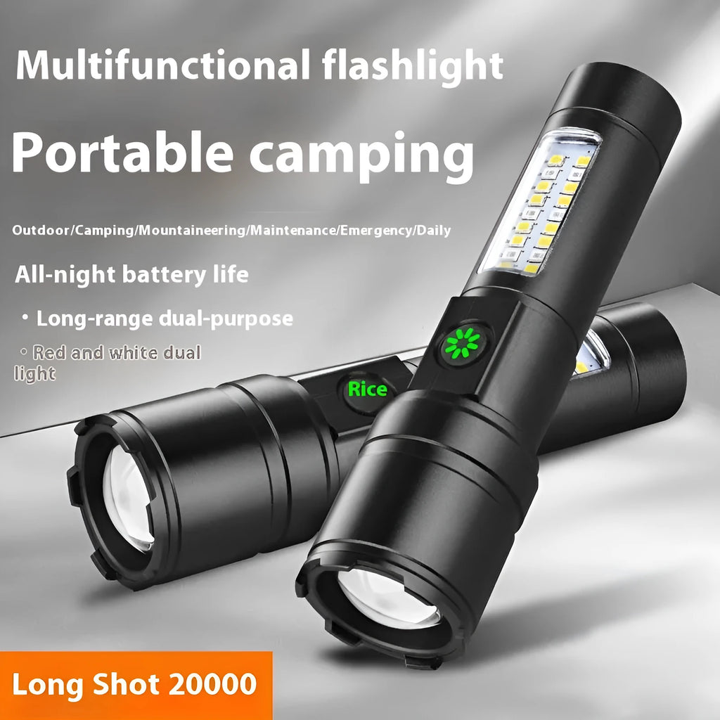 Black aluminum alloy USB rechargeable flashlight with optical zoom on table