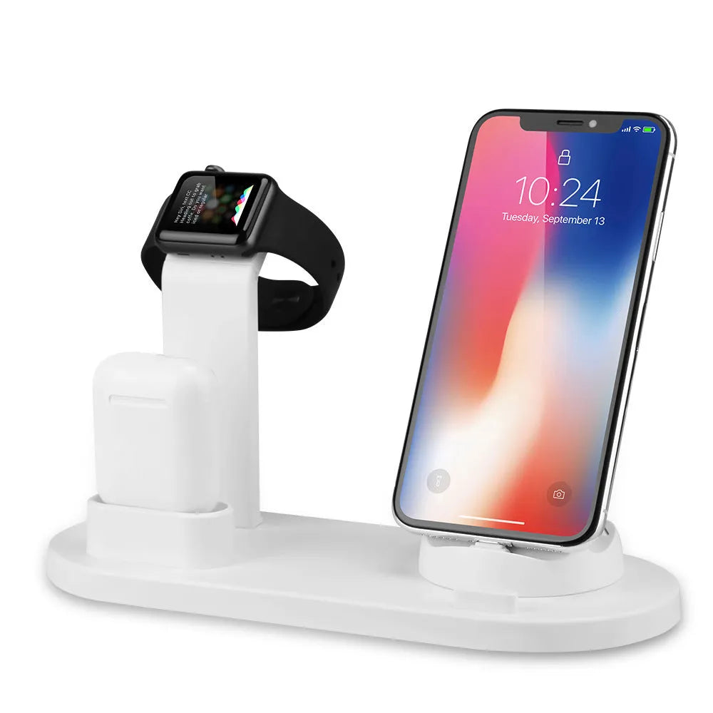 White three-in-one charging station with headphone stand and dual USB ports