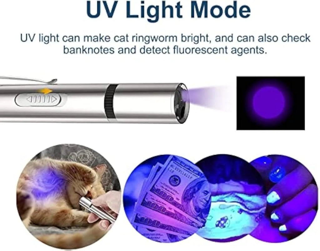 Silver aluminium cat toy pointer wand showing laser projection patterns