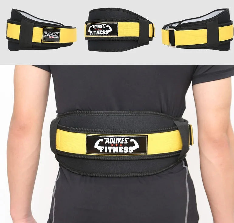 Black nylon fitness weightlifting waistband with adjustable hook and loop closure laid flat.