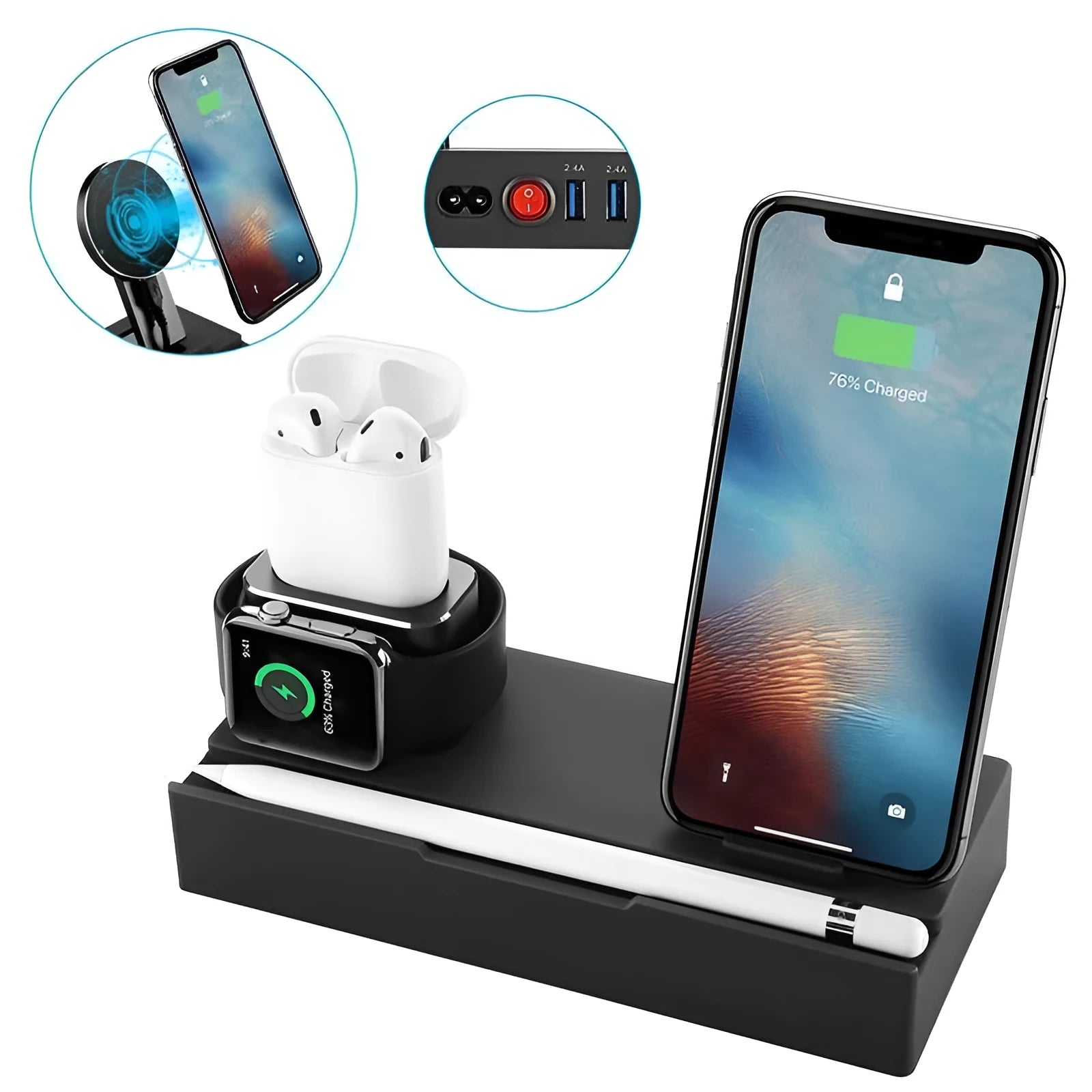 Black eight-in-one wireless charging station with five USB ports and aluminium charging pad