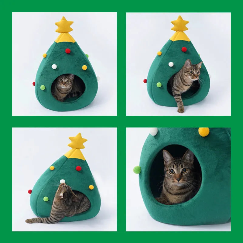 Plush Christmas-themed cave-style pet bed for cats and dogs with a washable cover