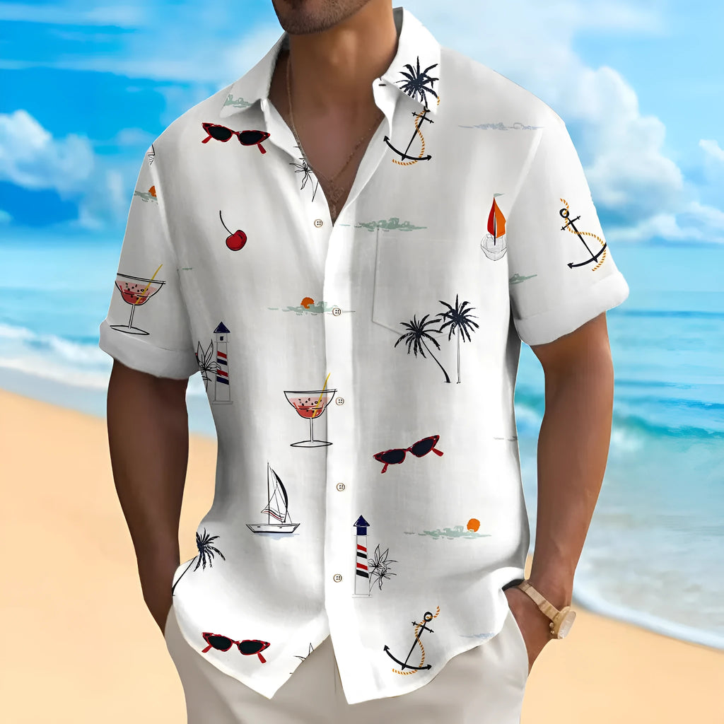 Men's loose fit Hawaiian shirt with colourful digital print pattern on polyester fabric.