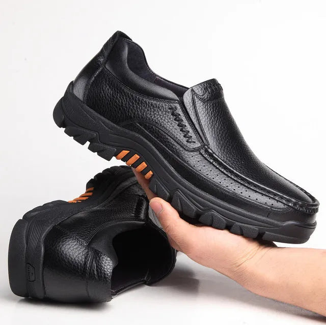 Men's black and brown genuine cowhide leather slip-on business casual shoes with rubber soles