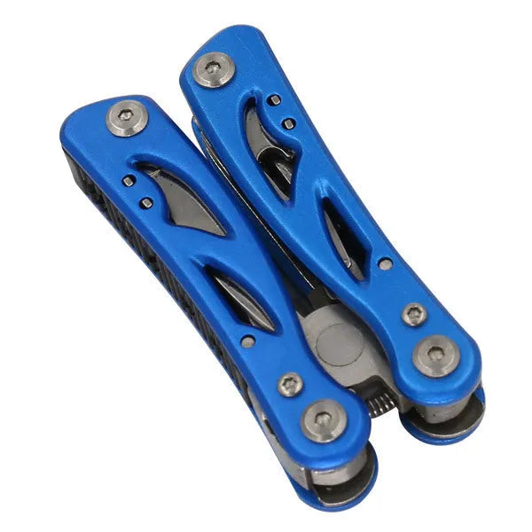 Compact blue folding multi-function pliers with a fruit knife on a white background, next to its Oxford storage bag.