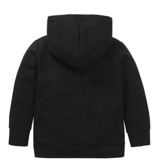 Black and white boys' hooded cotton sweater with letter pattern design and long sleeves