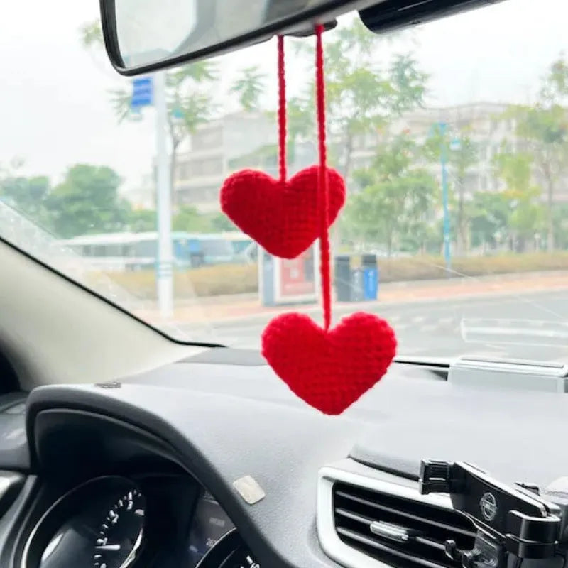 Green and white knitted wool car plant decoration with 8cm base and 25cm hanging rope