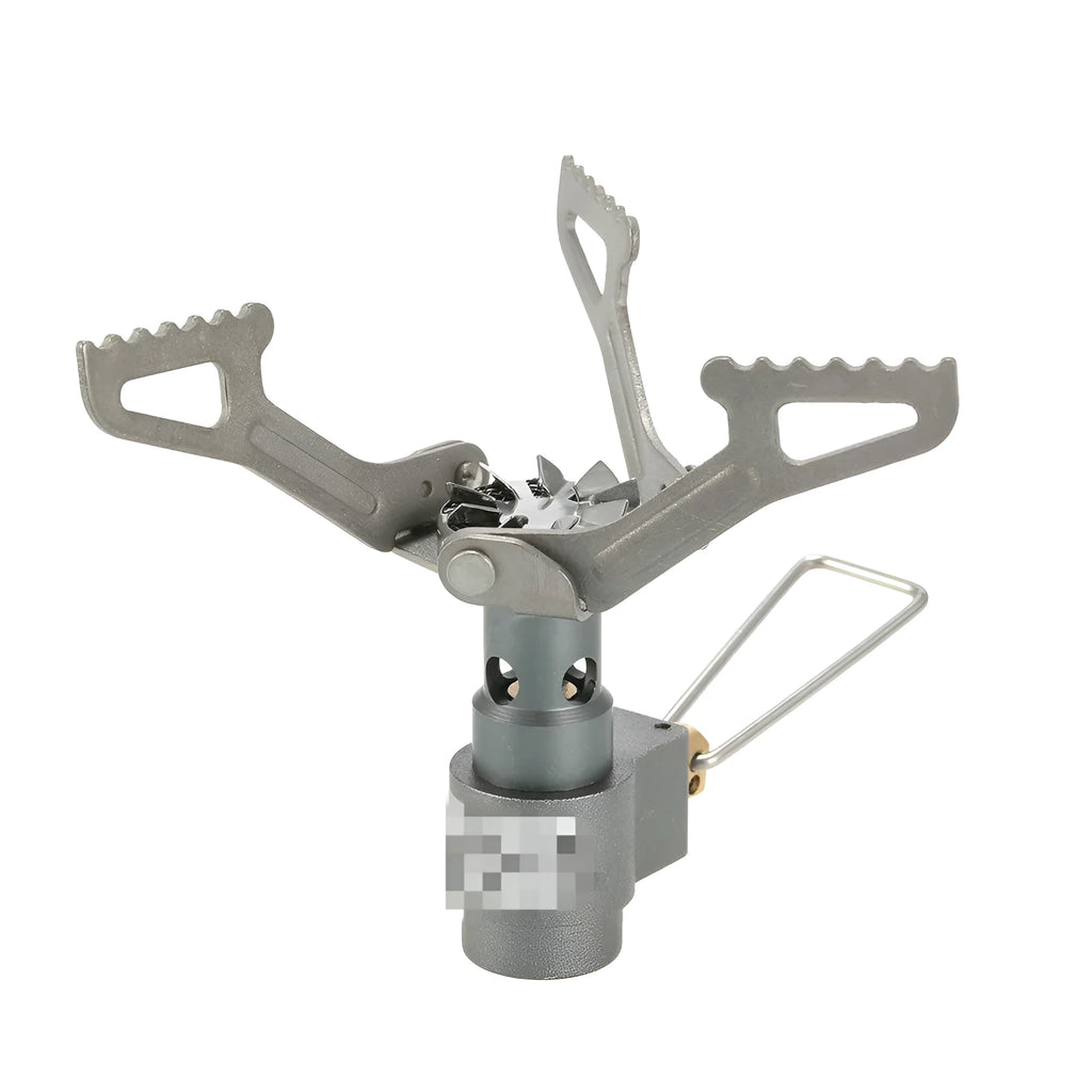 Portable propane gas camping stove with a one-piece burner unit.