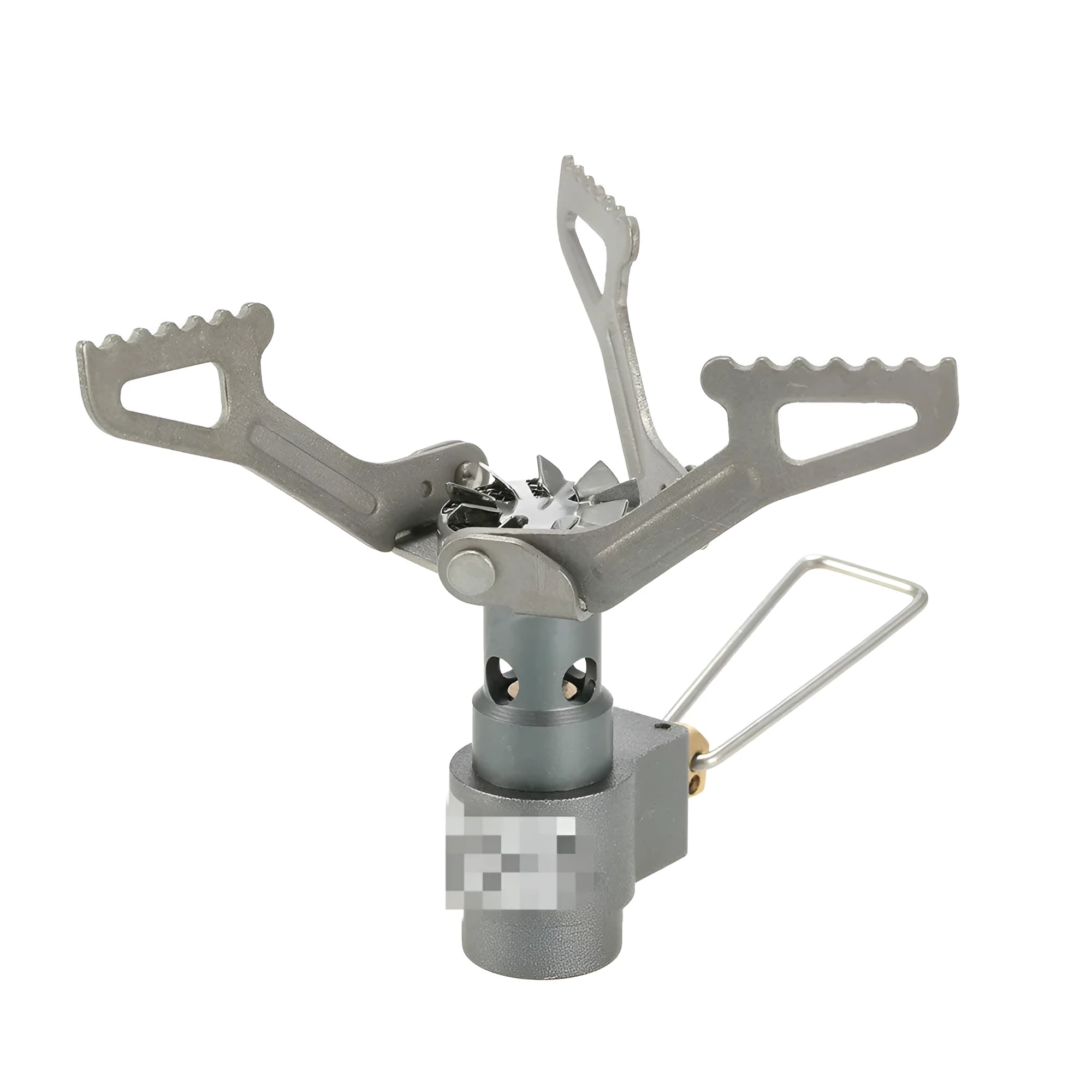 Portable propane gas camping stove with a one-piece burner unit.