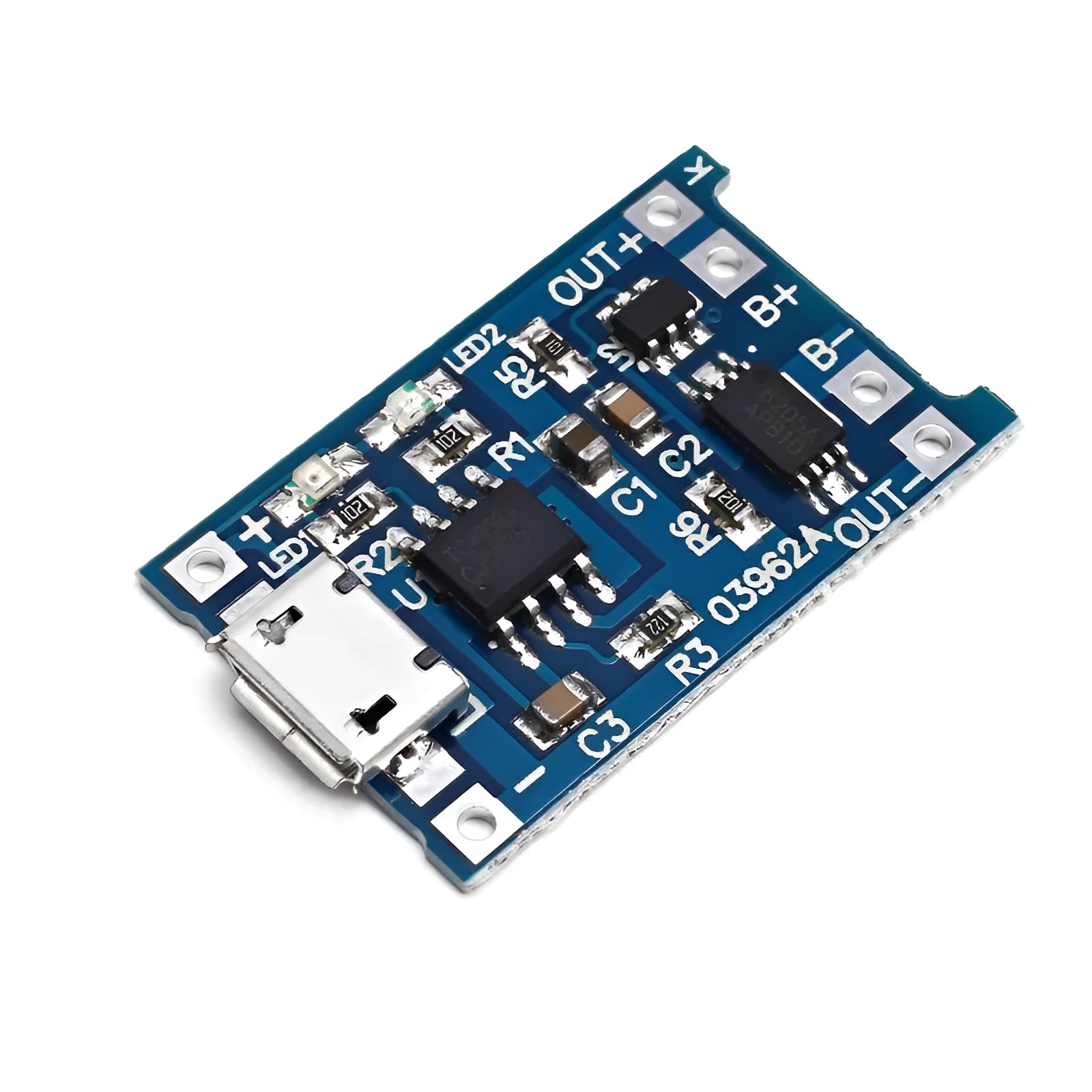 Blue lithium battery charging and protection circuit board with micro USB port.
