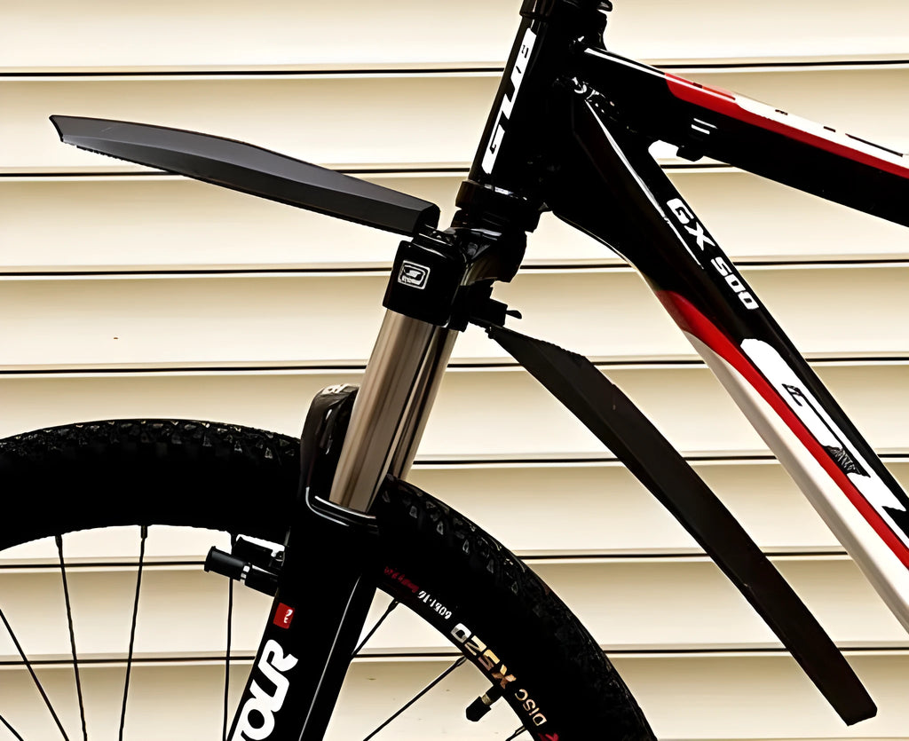 Set of universal quick-release bicycle mudguards in black, blue, green, and red colour options showing front and rear guards.