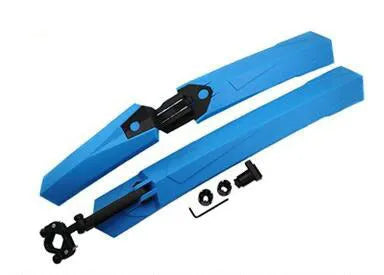 Set of universal quick-release bicycle mudguards in black, blue, green, and red colour options showing front and rear guards.