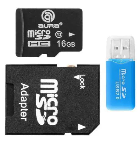 Mini USB TF card reader with inserted 16GB microSD card and separate SD card adapter.