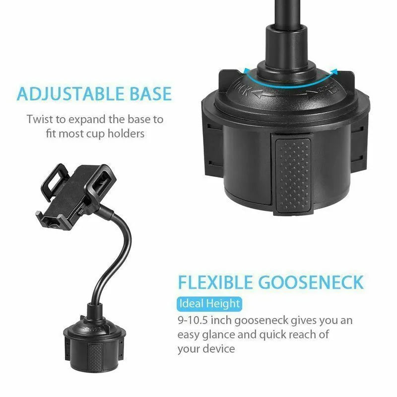 Black car-mount phone bracket with adjustable side handles showing 360-degree rotation and vent clip attachment