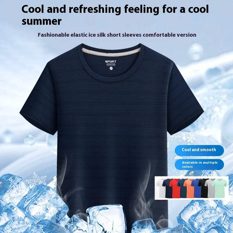 Men's round neck quick-drying T-shirt in crystal silk fabric showing solid colour options