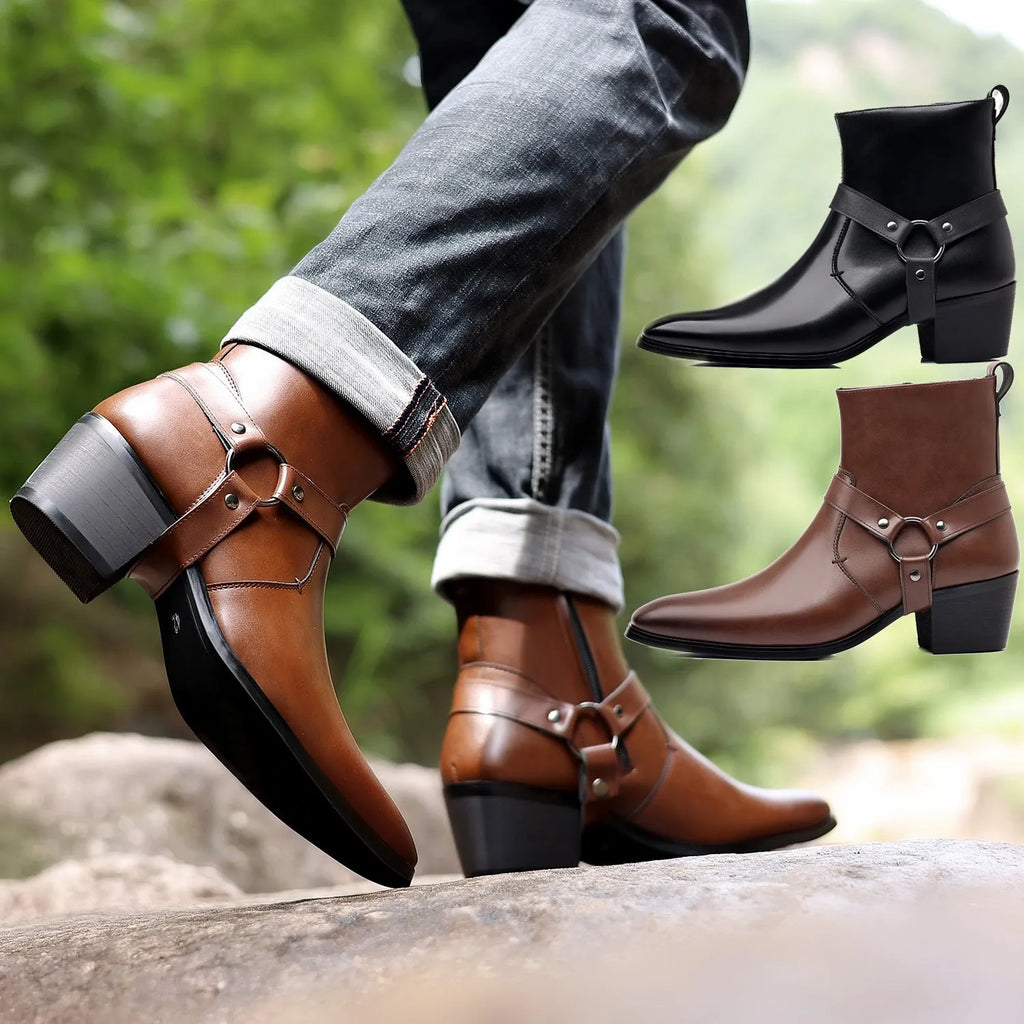 Side view of a black unisex boot with a square toe, side zip, and decorative rivets on a block heel.