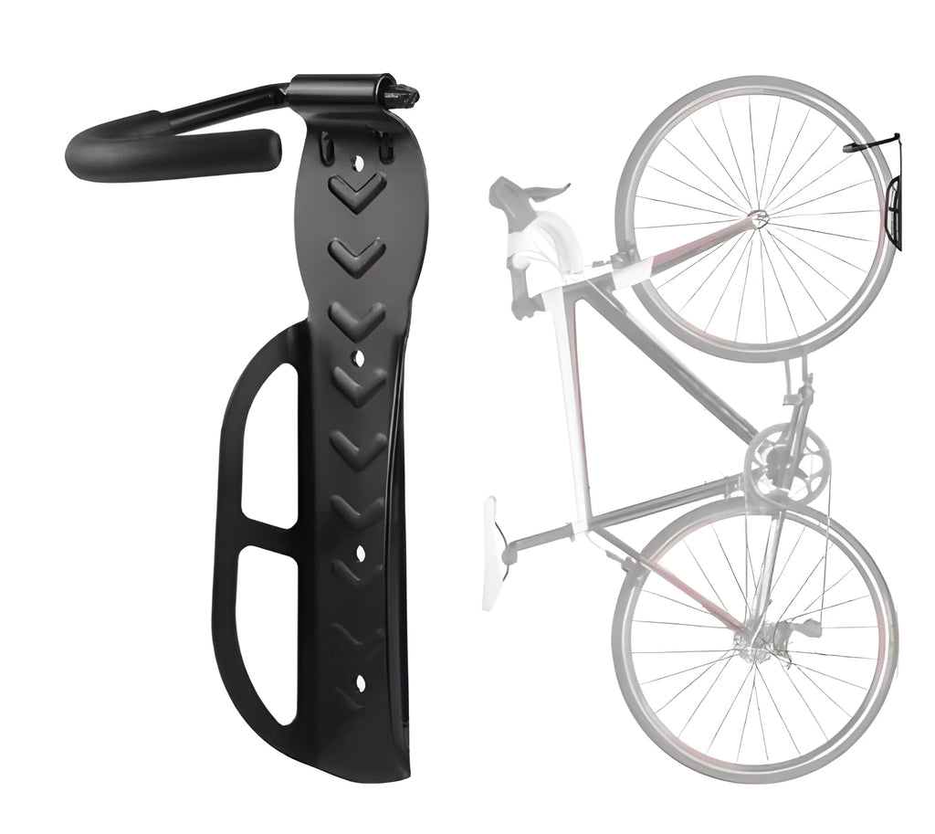 Black mountain bike wall mount bicycle storage rack on wall with front wheel on hook