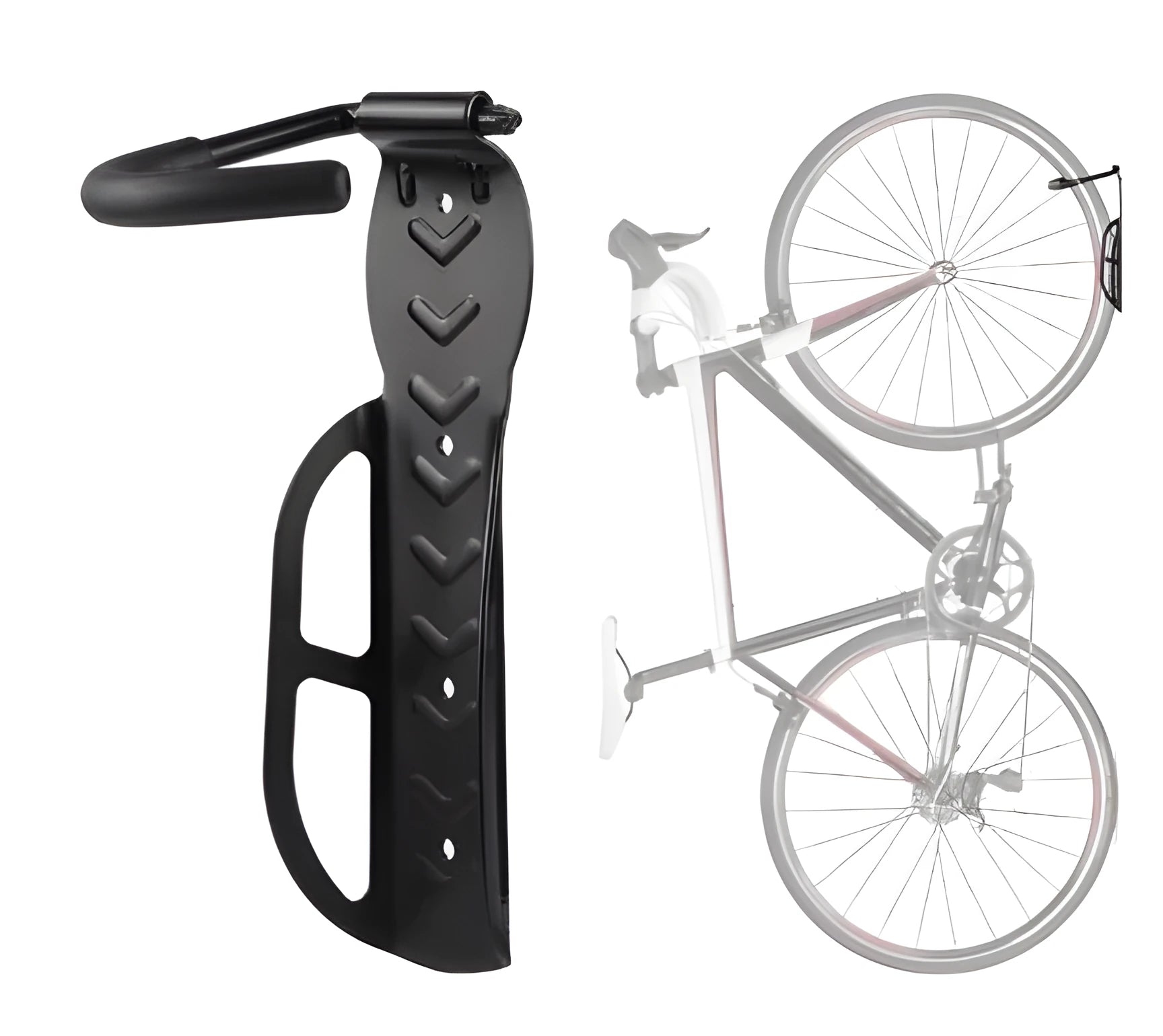 Black mountain bike wall mount bicycle storage rack on wall with front wheel on hook