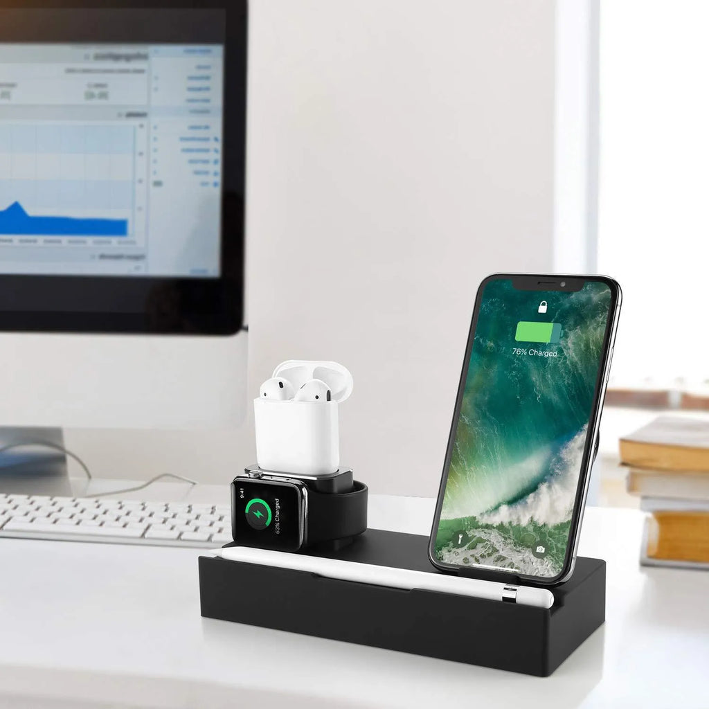 Black eight-in-one wireless charging station with five USB ports and aluminium charging pad