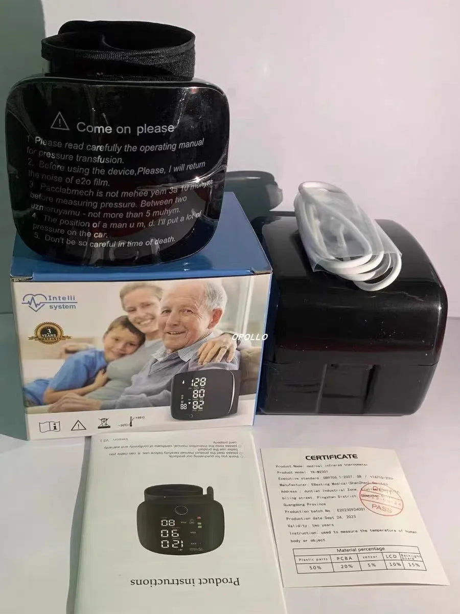 Black wrist blood pressure monitor with USB charging cable
