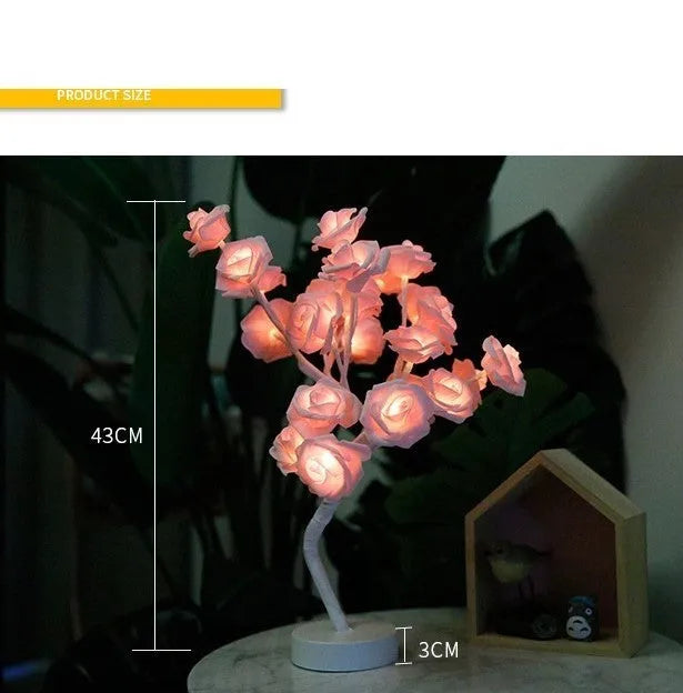 White and red rose flower LED table lamp with USB and battery power options