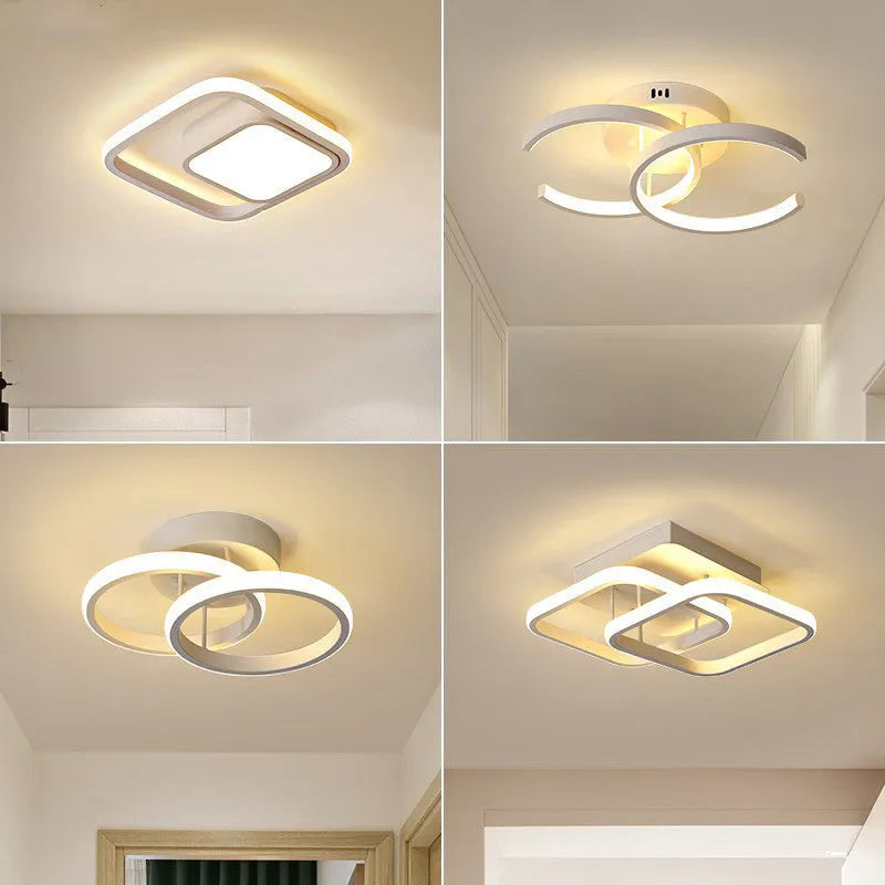 Commercial corridor aisle lights in three styles: black double semicircle, white double circle, white bipartite